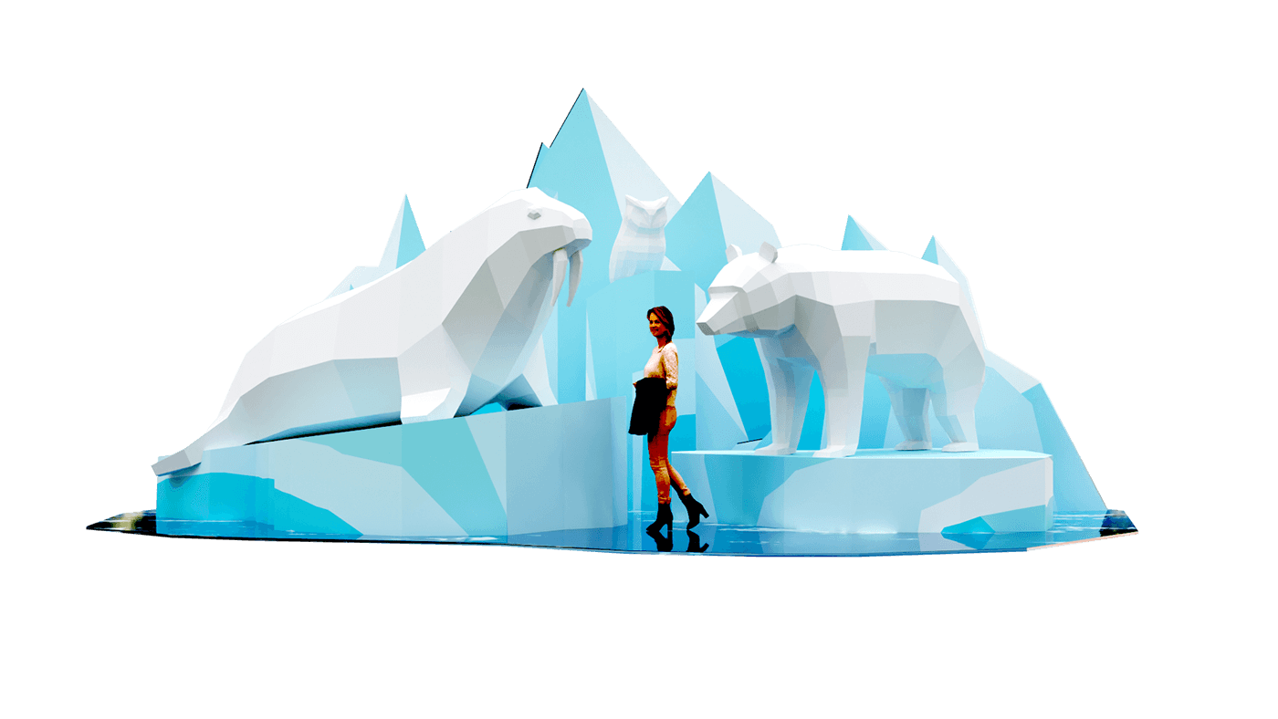 Арктическая 3D-концепция с айсбергами, моржом и белым медведем