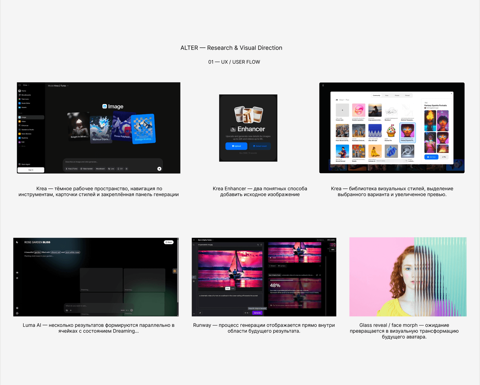 ALTER — Research & Visual Direction: исследование интерфейсов Krea, Krea Enhancer, Luma AI, Runway и glass reveal