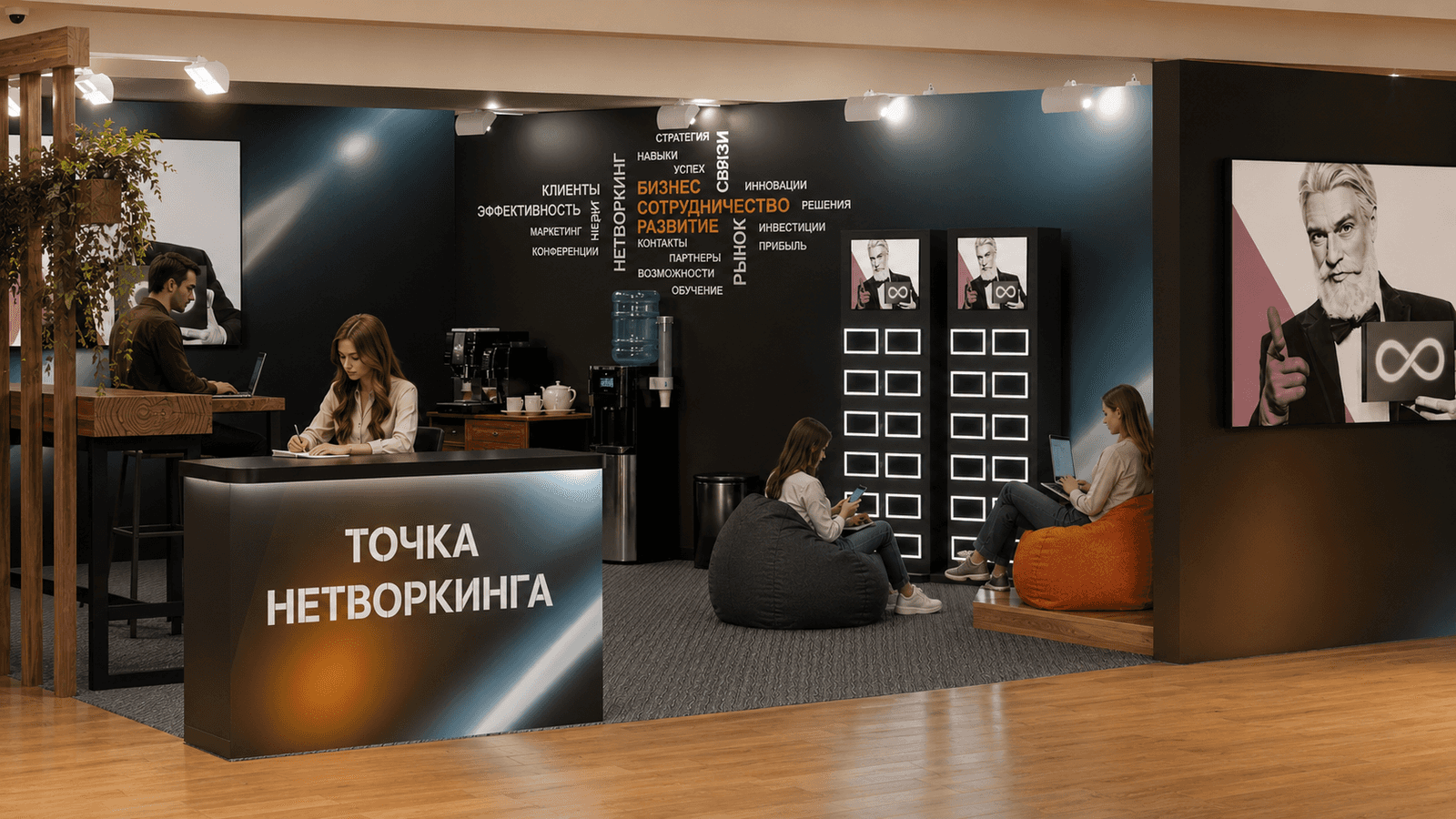 Реализованная зона отдыха T2 со стойкой, местами для общения и брендированным оформлением